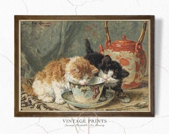 Vintage Cat Print | Farmhouse Wall Art | Printable Kittens Painting | Vintage Country Farmhouse Decor | #7