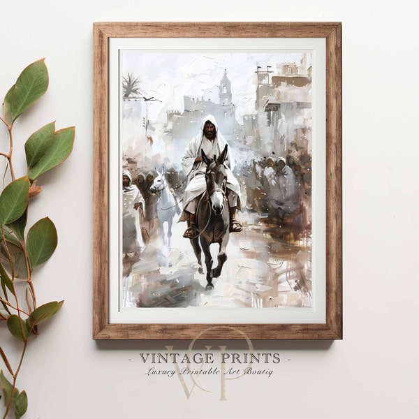 Palm Sunday Scene | Triumphant Entry | Humble King on a Donkey | Biblical Moment in Art | Christian Digital Print | #706