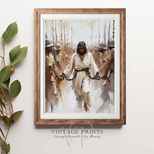 May include: A painting of Jesus Christ being led away by Roman soldiers. He is wearing a white robe and a crown of thorns. The soldiers are wearing armor and carrying spears. The painting is done in a realistic style with a focus on detail.