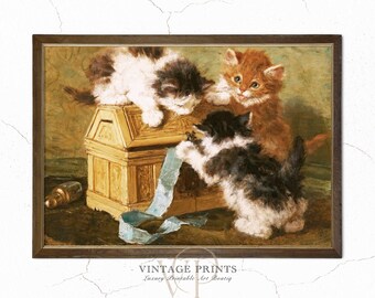 Kittens on Kist Art, Digital Painting, Vintage Cat Painting, Playful Cat Art, Animal Wall Art, Cat Printable, Antique Cat Wall Art | #63