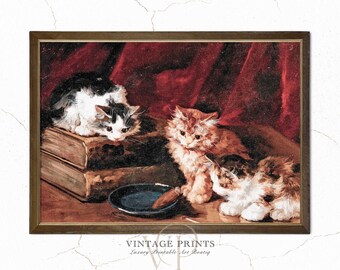 Cuadro de tres gatitos curiosos / Lámina de gato / Arte mural vintage / Regalo para amantes de los gatos / Lámina de pintura al óleo / Arte animal antiguo / #70