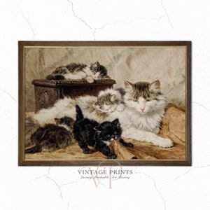Nursing Cat Wall Art | Kittens Vintage Painting | Small Kittens Wall Art | Pet Cats Antique Art Print | Mom with Kittens | Nursery Art | #66
