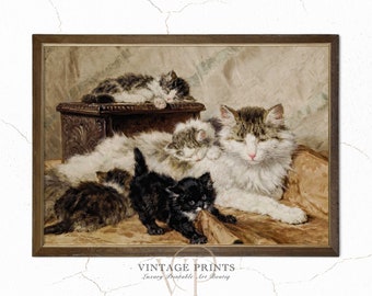 Muurkunst zogende kat | Vintage schilderij kittens | Muurkunst kleine kittens | Antieke kunstafdruk huisdier katten | Moeder met kittens | Kinderkamerkunst | #66