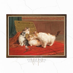 Cat with Kittens Vintage Art Print | Kittens Playing Old Painting | Cute Cat Wall Decor | 19th Century Cat Painting | #39