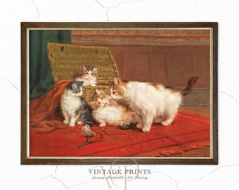 Cat with Kittens Vintage Art Print | Kittens Playing Old Painting | Cute Cat Wall Decor | 19th Century Cat Painting | #39