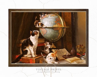 Pintura de gatos del siglo XIX / Lámina de gata y sus gatitos / Gatitos jugando en la oficina / Pintura de gatitos en un globo terráqueo / Decoración de pared con gatos adorables / #72