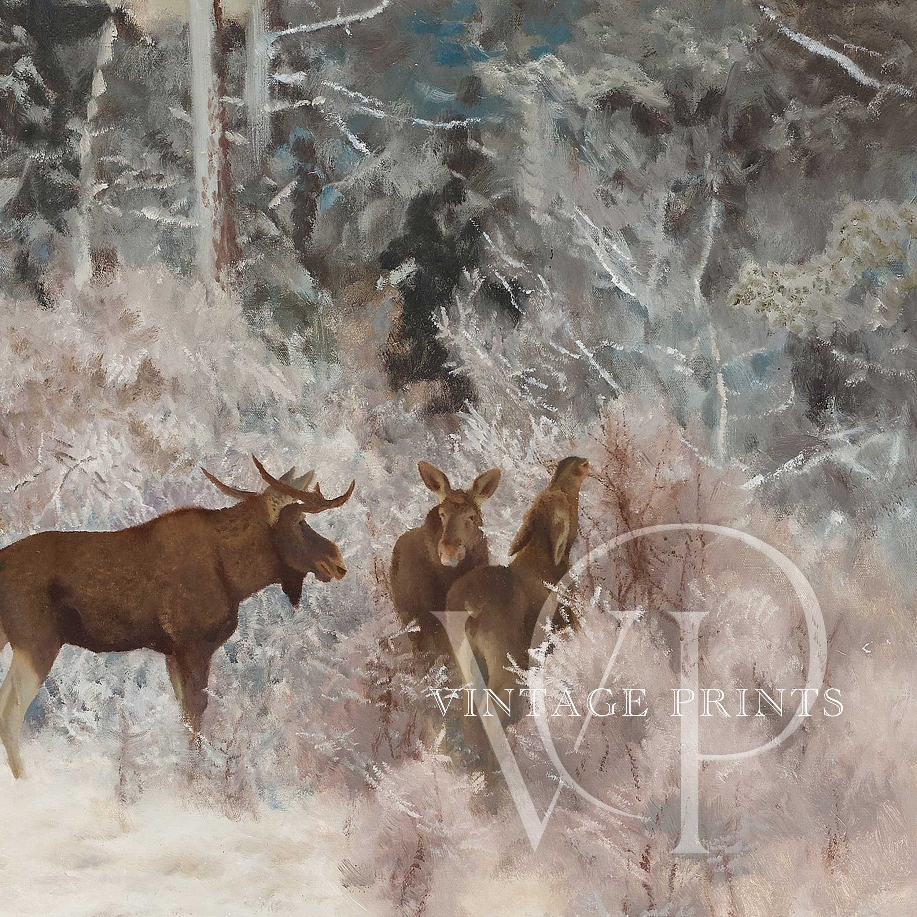 Rustic Deer Painting | Winter Landscape Print | Vintage Cabin Decor ...