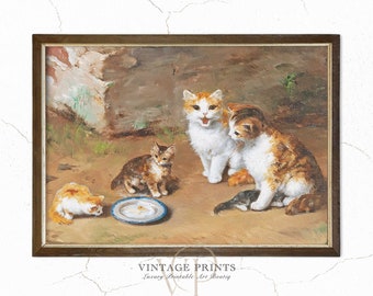 ヴィンテージ猫の絵画、動物アンティークウォールアート、子猫の油絵