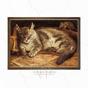 Vintage Cat and Mouse Painting | Sleeping Cat Oil Painting | Sleeping Kitten Print | Antique Pet Painting | Farmhouse Painting | #75