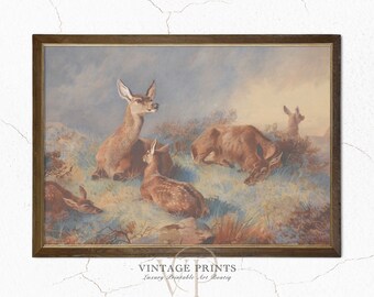 Deers in the Woods | Antique Deer Oil Painting | Neutral Forest Wall Art | Vintage Art Print | Wildlife Animals Landscape | #80