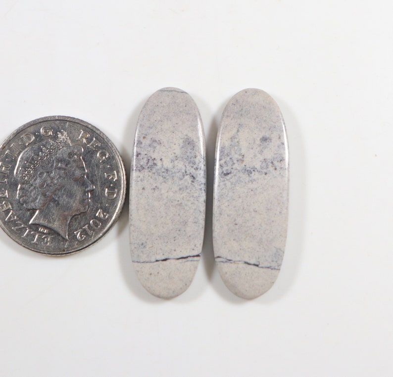 K&ouml;nnte beinhalten: Zwei ovale, polierte Edelsteine mit hellgrauer Basis und dunkelgrauer Maserung. Eine M&uuml;nze dient zum Gr&ouml;&szlig;envergleich. Die Edelsteine haben eine glatte, gl&auml;nzende Oberfl&auml;che und sind vor wei&szlig;em Hintergrund platziert.