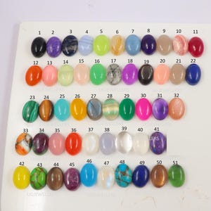 Può includere: Un grafico di 51 pietre preziose ovali, ciascuna con un colore e un motivo diverso. Le pietre preziose sono disposte in righe e colonne, numerate da 1 a 51.