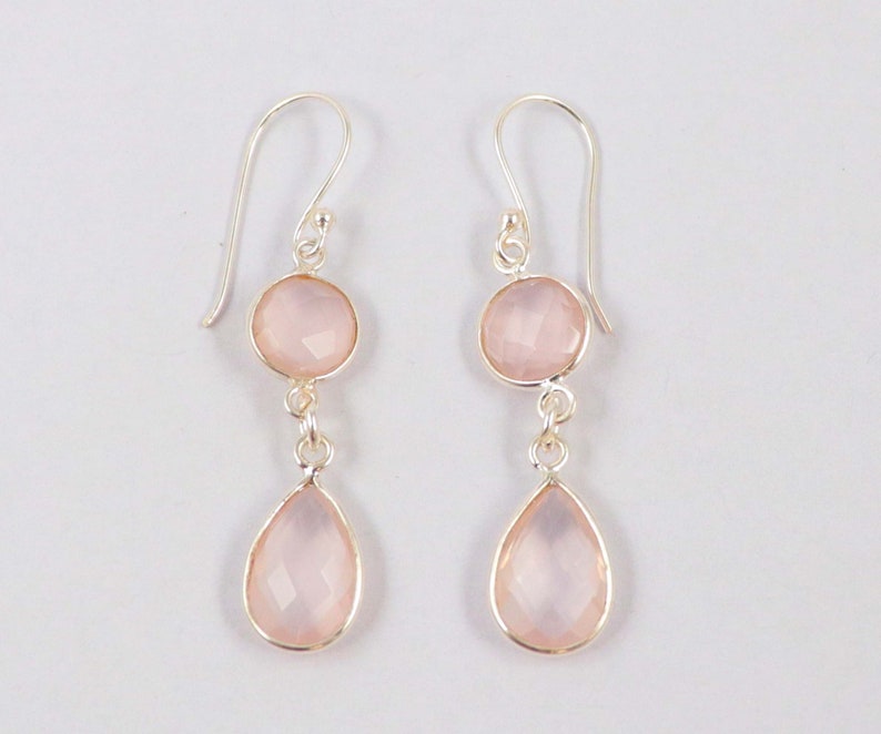 Earrings 1 Pair Natural Rose Quartz 92.5 Sterling Silver 8 mm Round 12X8 mm Pear Earrings Hand Made Jewelry Gift For Her Jewelry Gemstone