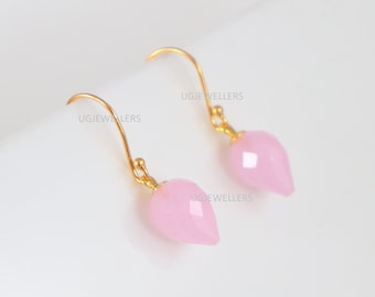 Pink Chalcedony Dangle Earrings: Gold Plated Sterling Silver, Handmade