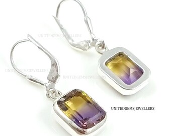 Pretty Ametrine Quartz Octagon Earring Sterling Silver 92.5 Sterling Silver Dangle Earrings Ametrine Quartz 10X8 mm Octagon Norma Cut Stone