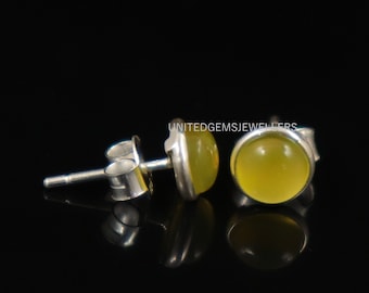 Round Stud 6 mm Round Cabochon 925 Sterling Silver Stud Earring, Stud Jewelry Gemstone Stud, Smooth Gemstone Stud, Cabochon Stud Earring