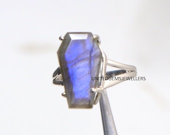 Labradorit Sarg Ring Blau Blitz Handgemacht Sterling Silber Ring Edelstein Schmuck Größe (17 x 10 mm)