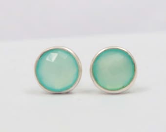 Aqua Chalcedony 92.5 Sterling Silver 1 Pair Stud 8mm To 9mm Round Natural Silver Earring Hand Made Jewelry Gift For Her Sterling Silver