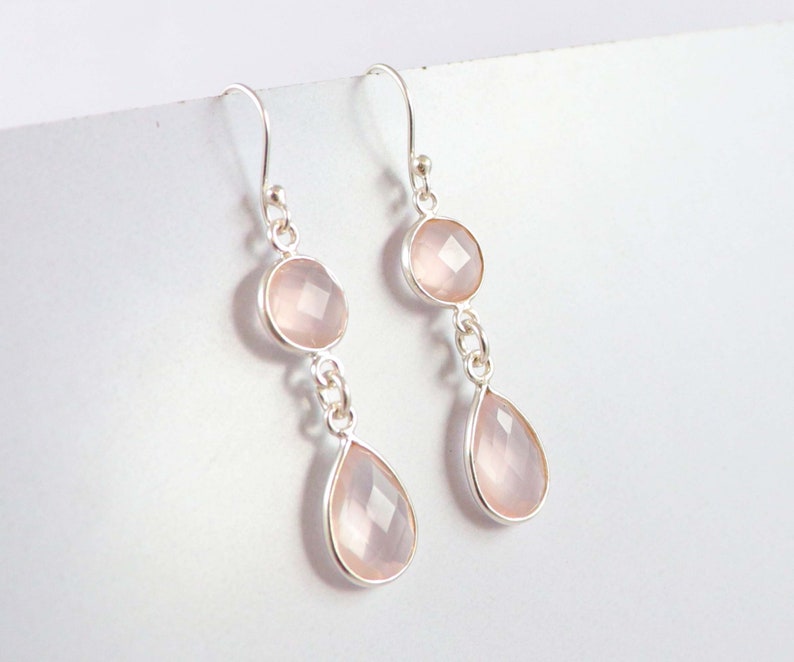 Earrings 1 Pair Natural Rose Quartz 92.5 Sterling Silver 8 mm Round 12X8 mm Pear Earrings Hand Made Jewelry Gift For Her Jewelry Gemstone