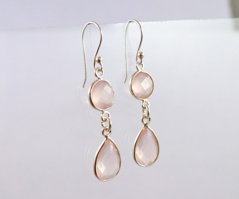 Earrings 1 Pair Natural Rose Quartz 92.5 Sterling Silver 8 mm Round 12X8 mm Pear Earrings Hand Made Jewelry Gift For Her Jewelry Gemstone