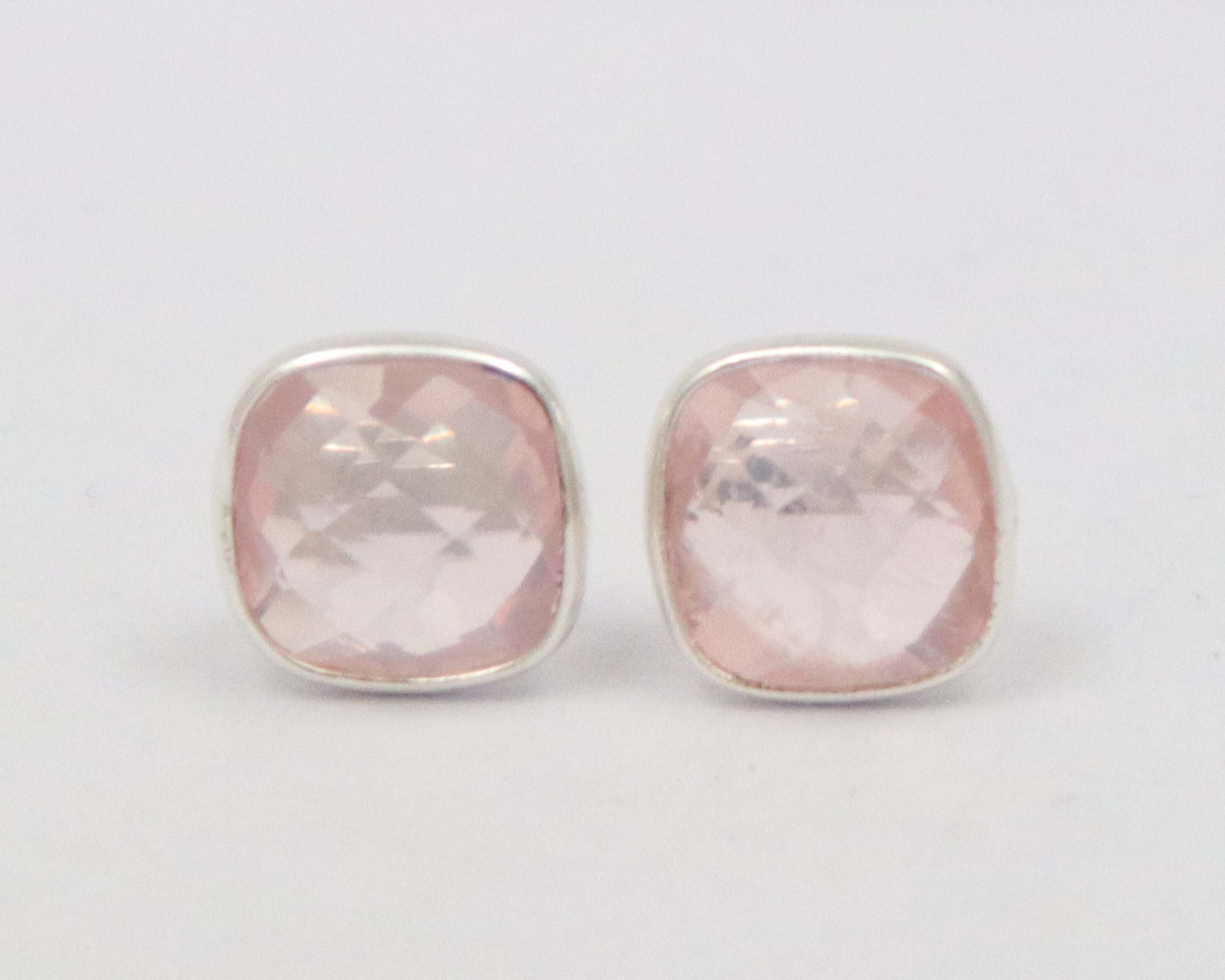 Rose Quartz 92.5 Sterling Silver 1 Pair Stud 8mm To 9mm Cushion Rose Quartz Silver Earring Hand Made Jewelry Gift For Her Sterling Silver