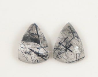 May include: Two clear quartz cabochons with black tourmaline inclusions, shaped like triangles. The stones are approximately 1 inch in length.