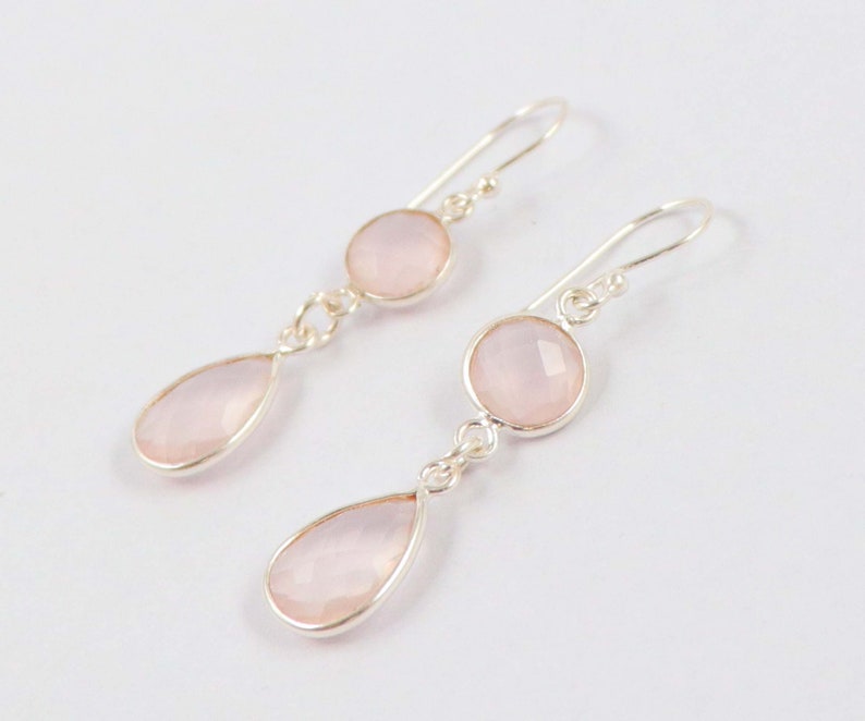 Earrings 1 Pair Natural Rose Quartz 92.5 Sterling Silver 8 mm Round 12X8 mm Pear Earrings Hand Made Jewelry Gift For Her Jewelry Gemstone