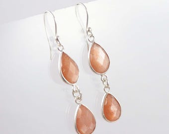 Peach Moonstone Sterling Silver Pear Earrings: Handmade Dangle Jewelry