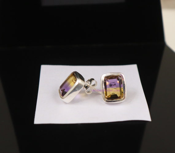 のんたん様 ジェムカット 大粒アメトリン 1粒ピアス アメトリンクォーツスターリングシルバースタッドピアス：ハンドメイド