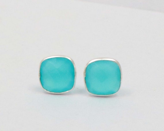 Aqua Chalcedony 92.5 Sterling Silver 1 Pair Stud 12 mm Round Natural Silver Earring Hand Made Jewelry Gift For Her Sterling Silver