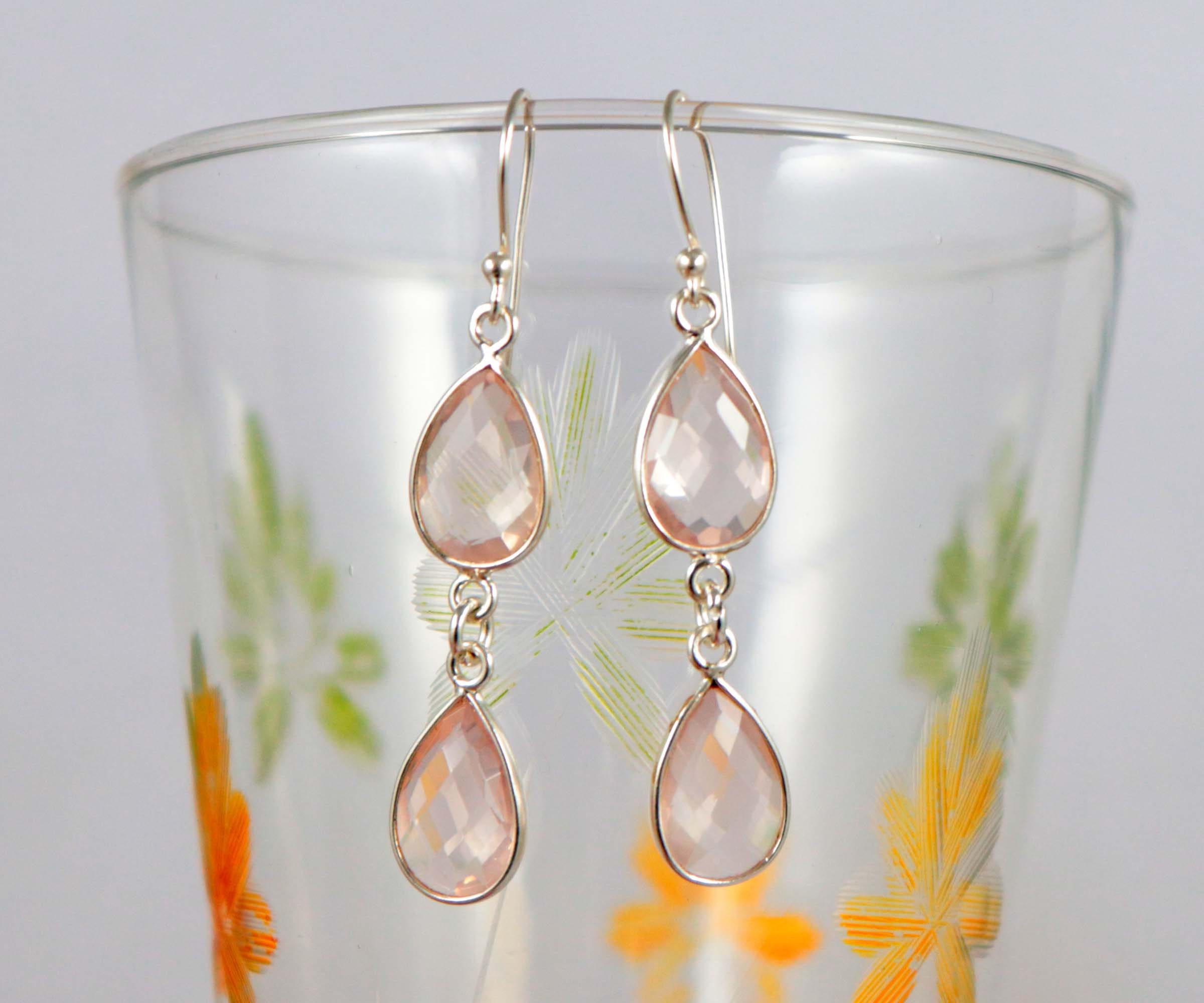 Orecchini Artigianali Pendenti Nuovi In Quarzo Rosa In Argento Sterling 925