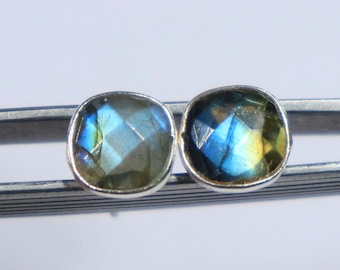 Labradorite 92.5 Sterling Silver 1 Pair Stud 8mm To 9mm Cushion Labradorite Silver Earring Hand Made Jewelry Gift For Her Sterling Silver
