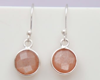 Peach Moonstone Sterling Silver Earrings: Handmade Round Dangle Jewelry