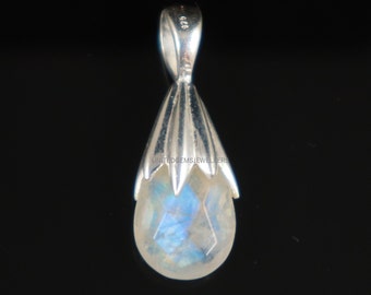 Handmade Pear Rainbow Moonstone Pendant, 925 Sterling Silver
