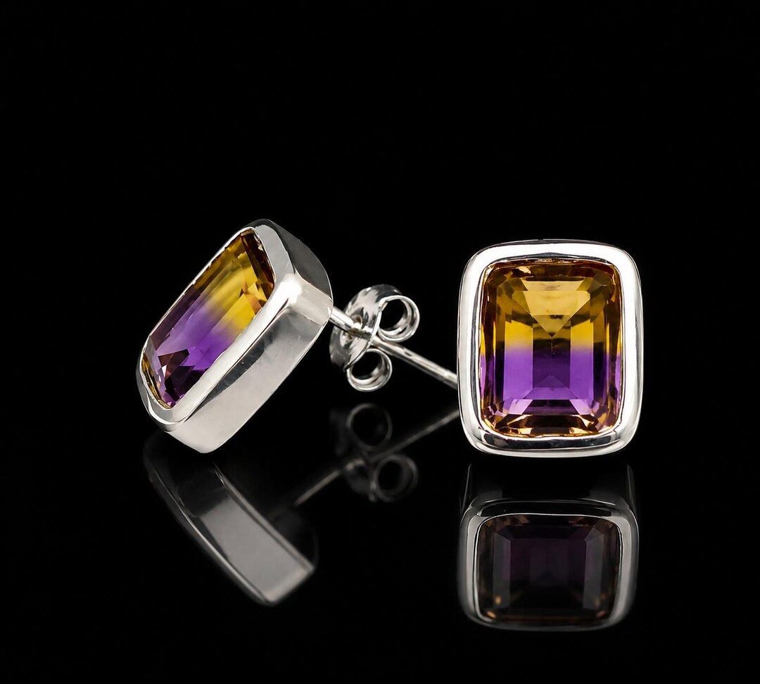 アメトリンクォーツスターリングシルバースタッドピアス:ハンドメイド アメトリンクォーツスターリングシルバースタッドピアス:ハンドメイド
