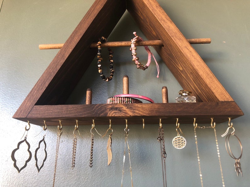 Jewelry Organizer Shelf, Triangle Jewelry Shelf, Ring Holder, Wood Wall Mounted Jewelry Shelf, Necklace Organizer image 6