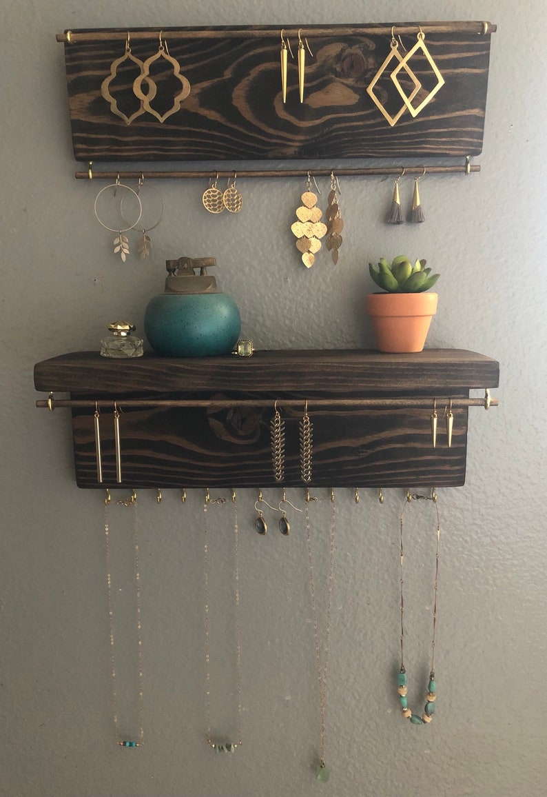 Wall Mount Jewelry Organizer, Earring Holder, Jewelry Organizer, Wood Jewelry Holder, Earring Holder, Boho Wall, Necklace Storage, Jewelry image 5