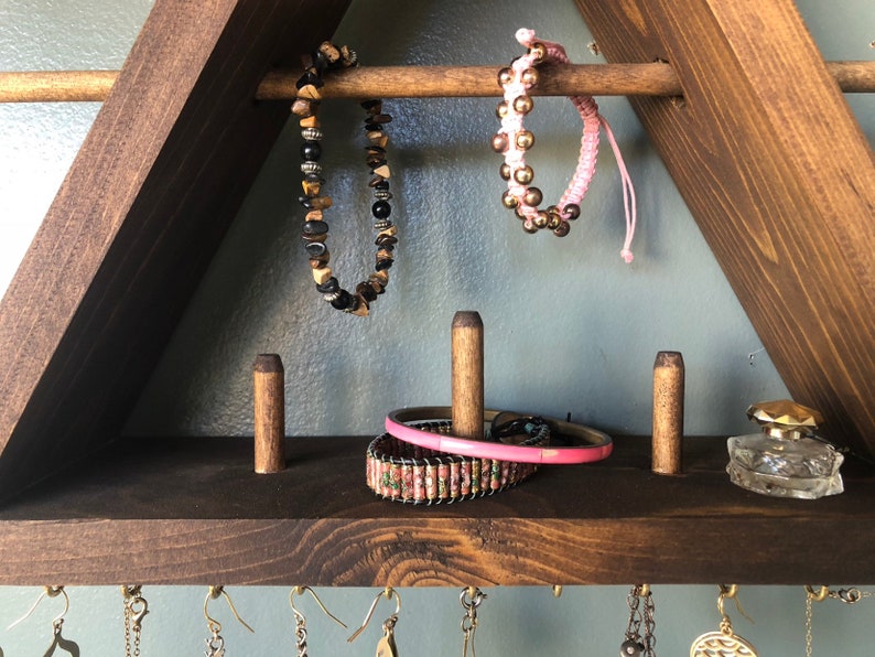 Jewelry Organizer Shelf, Triangle Jewelry Shelf, Ring Holder, Wood Wall Mounted Jewelry Shelf, Necklace Organizer image 4