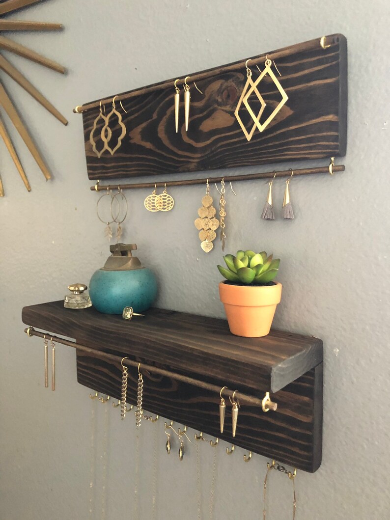 Wall Mount Jewelry Organizer, Earring Holder, Jewelry Organizer, Wood Jewelry Holder, Earring Holder, Boho Wall, Necklace Storage, Jewelry image 1