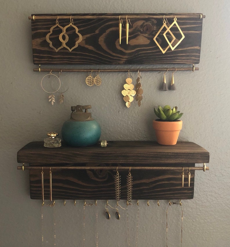 Wall Mount Jewelry Organizer, Earring Holder, Jewelry Organizer, Wood Jewelry Holder, Earring Holder, Boho Wall, Necklace Storage, Jewelry image 6