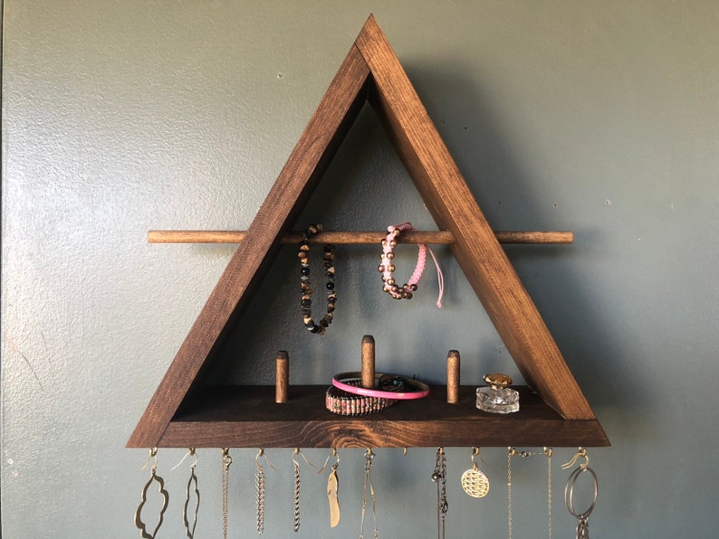 Jewelry Organizer Shelf, Triangle Jewelry Shelf, Ring Holder, Wood Wall Mounted Jewelry Shelf, Necklace Organizer image 3