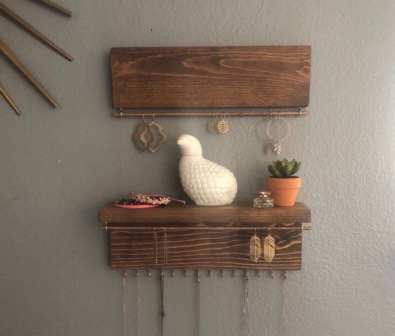 Wall Mount Jewelry Organizer Earring Holder Wood Boho Necklace Storage
