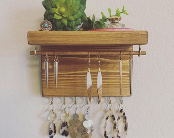 Jewelry Organizer With Shelf, Wall Mount Jewelry Holder, Earring Holder, Necklace Organizer, Earring Holder, Shelf for Jewelry, Wood Shelf