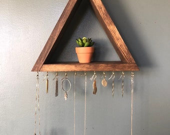 Boho Wood Shelf, Plant Shelf, Jewelry Wall Organizer, Wood Jewelry Shelf, Triangle Wood Shelf