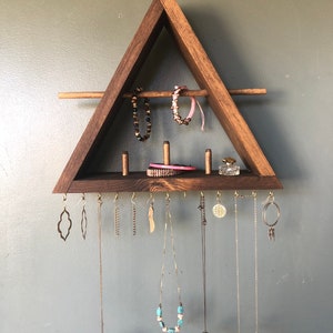 Jewelry Organizer Shelf, Triangle Jewelry Shelf, Ring Holder, Wood Wall Mounted Jewelry Shelf, Necklace Organizer image 2