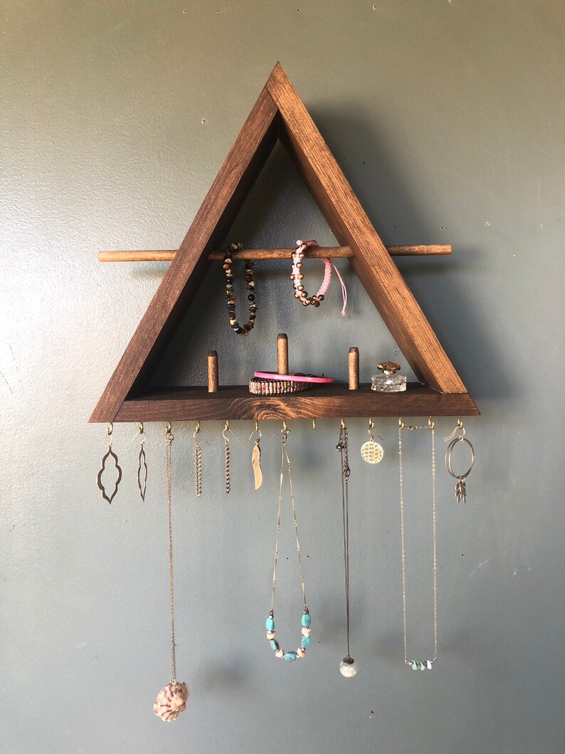 Jewelry Organizer Shelf, Triangle Jewelry Shelf, Ring Holder, Wood Wall Mounted Jewelry Shelf, Necklace Organizer image 2