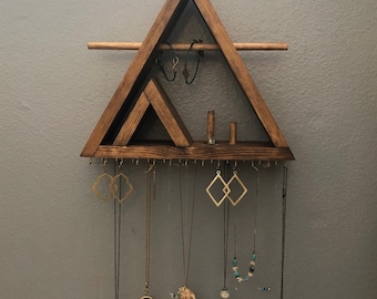 Jewelry Organizer Necklace Holder Wall Mounted Rustic Wood 
