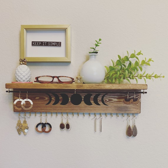 Wood Jewelry Organizer Necklace Holder Wall Mount Jewelry Holder Necklace  Hanger Wood Shelf Necklace Organizer Earring Organizer 