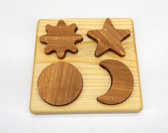 Baby wooden toy, Star Sun Puzzle Moon Montessori puzzles Waldorf Toddler Newborn toys