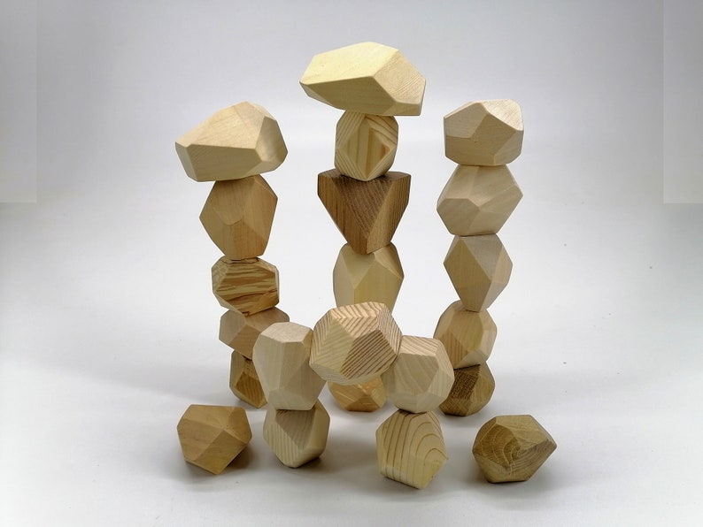 Geometric Wooden building Blocks toy Wooden stones Wood rocks toy Balancing game Montessori toy Waldorf materials japanese relax game image 2